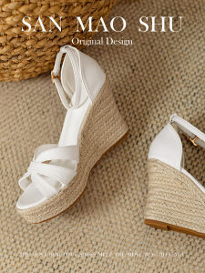 White Thick Heel Straw Woven Roman Style High Heels Sandals Womens Summer New Fashion French Vintage Single Strap Shoes