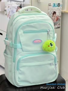 Large Capacity School Backpack for Girls Casual Korean Style Dual Shoulder Bag Nylon Material Zipper Closure Pure Color Pattern
