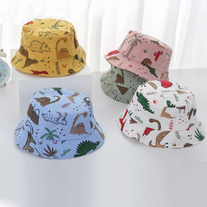 Summer Baby Bucket Hat Cartoon Dinosaur Print Toddler Boys Girls Hats With Windproof Rope Casual Kids Fisherman Beach Cap