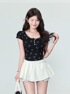 หวานie เสื้อยืดคอกลมแขนสั้นพิมพ์ลายคิตตี้แคท ผู้หญิง ฤดูร้อน รัดรูป หวาน และสไตล์สไปซี่ เสื้อท่อนบน ลำลอง น่ารัก สไตล์