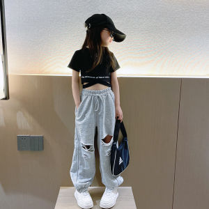 Trendy Letter Print High Waist Cross Belt Girls T-Shirt Fashionable Belly Button Baring Top Cotton Sweat Absorbent Summer Wear