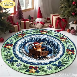 VIKAMA 3D Visual Reindeer Train Christmas Round Rug Soft Non-Slip Indoor Area Rug Living Room Decorative Rug Home Decor