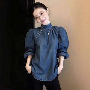 XUECAIQI | Ruffled Sleeve Stand Collar Vintage Denim Shirt