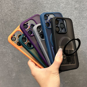 CrashStar With Free Same Color Alloy Lens Films With MagSafe Stand Translucent Frosted Hard Shockproof Phone Case For iPhone 16 15 14 Pro Max Plus 13 12 11 Pro Max Wireless Charging Phone Casing Skin-friendly Frosted Phone Cover Shell