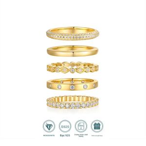 Bộ 5 Nhẫn Moissanite Dành Cho Nữ Bạc 925 Mạ Vàng 18K Màu Vàng Trang Sức Cưới Kèm Chứng Chỉ GRA