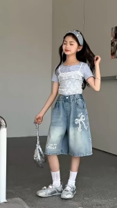 Summer Short For Kids Girl 2026 Butterfly Embroidery Bermuda Shorts 7-15yrs Elastic Waist Maong Shorts For Kids Girl