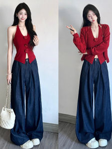 Bộ Áo Len Dệt Kim Màu Đỏ Kiểu Pháp Thời Trang Xuân Mới Cho Nữ Áo Cardigan Hở Cổ Áo Vest Ôm Vừa Vặn Hoa Hai Mảnh