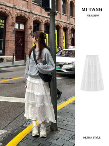 Váy Dài Chữ a Ren Trắng Viền Ren Xếp Nếp Cạp Cao Cho Nữ Váy Midi Cỡ Lớn Mùa Hè 2025 Váy Midi Ren Xếp Nếp Cạp Cao