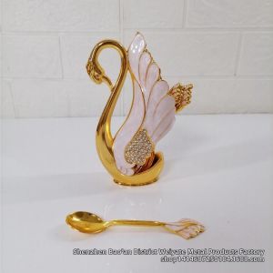 Luxurious Diamond-studded Swan Shaped Spoon Stand Gold Silver Tone Alloy Craft