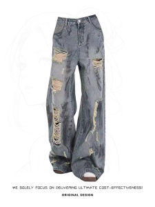 กางเกงยีนส์ขาดสไตล์วินเทจไซส์ใหญ่สำหรับผู้หญิง กางเกงขายาวเอวสูง ทรงหลวม ผ้าเดนิม ฤดูร้อน 2025 กางเกงขายาวทรงหลวม