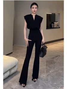 Fashion Elegant Sleeveless Waist-Cinching Top Flared Pants Set