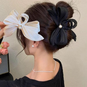 Mesh Bow Hair Clip for Woman: Elegant Temperament Large Shark Clip Fashion Girl Ponytail Hair Clamp
