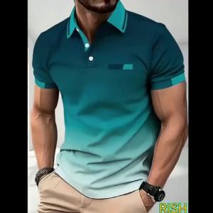 Gradient Printed Short Sleeved Polo Shirt Casual Outdoor Collar T-Shirt Summer Sports Mens Thin T-Shirt (Without Pocket)