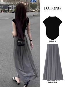 ชุดเดรสทรงเอเอวสูงสไตล์ฝรั่งเศสสำหรับผู้หญิงในฤดูร้อนปี 2024 ชุดสองชิ้นสีบริสุทธิ์แขนสั้นคอตกลงมาสีบริสุทธิ์