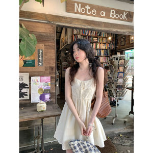 PtonUmi Almond Camellia Spliced Strap Dress Women Summer Layerable Doll Skirt A-Line Mini High Waist Korean Style Spring 2025