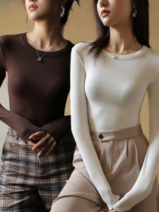 MiiOW | Áo sơ mi Modal cổ tròn dài tay cho nữ mùa xuân thu màu trắng dáng ôm vừa vặn chất liệu cotton thường ngày không có thương hiệu