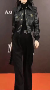 Stylish Short Biker Leather Jacket And Wide Leg Pants Two Piece Set for plus Size Women Trendy Streetwear Autumn Winter Outfit