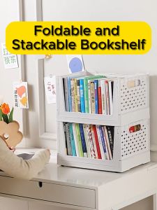 HOMSA Foldable Universal Storage Basket Organizer with Wheels Movable Stackable Bookshelf Storage Rack Organizer