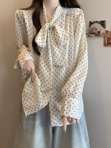 French Butterfly Knot Polka Dot Long Sleeve Shirt Women Early Autumn plus Size Flattering Slimming Midi Trendy Ageless Blouse