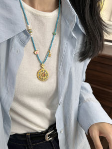 New Chinese Style Eight Treasure Compass Necklace Womens Ancient Method Gold Sand Blue Lapis Lazuli Folk Style Sweater Chain