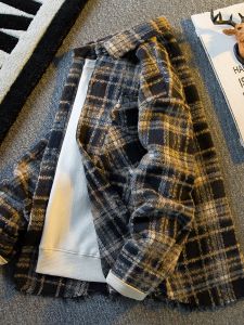 Trendy Youth Plaid Long Sleeve Mens Shirt Spring Vintage Woolen Coat with Frayed Design Standard Fit Casual Wear Warmth Retention