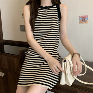 Slimming Effect Knitted Vest Dress Summer 2023 Striped Neck Hanging Strap Dresses Korean Style High Waist One Step Skirt H Type