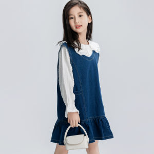 Girl Denim Vest Dress Spring and Autumn Kids Girl Childrens Ruffles Western Style Jumper Dress Sleeveless Dress