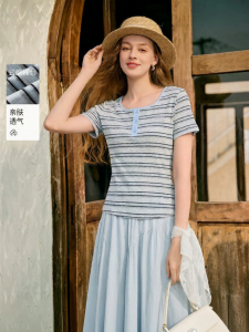 XIANGYING | Nautical Embroidery Straight Shoulder Cotton Fitted T-Shirt