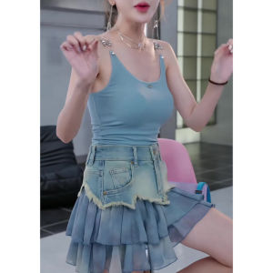Blue Sleeveless Short Crop Top Womens Summer Trendy Design Slim Fit Base Layer Outerwear Strap Vest Fashionable Commute Style