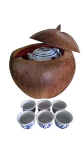 Bình ủ trà trái dừa không sơn / Đúng chất mộc của trái dừa / Bình trà 10 - 12 lít / Bộ 6 tách uống trà / Chuyên pha trà xanh nước lá vối