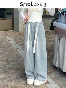 Ruffle Lace Splicing Wide Leg Jeans High Waist Zipper Closure High Waist Spring Autumn New Style Womens Clothing Denim Belt