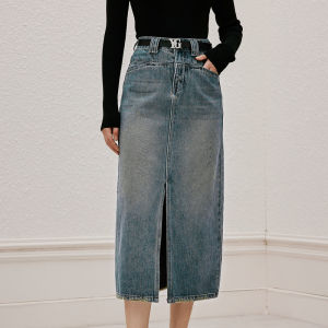 Yigue | Vintage Washed Denim Half Skirt High Waist Hips Concealing