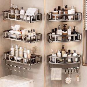 Bathroom Triangle Wall-Mounted Shelf No-Drilling Washroom Vanity Sink Shower Storage Rack Organizer Space Saving Aluminum Alloy