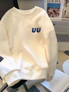 Áo Nỉ Cổ Tròn Màu Trắng Phong Cách Hồng Kông Cỡ Lớn Mùa Xuân Thu Đông Không Mũ Dài Tay Áo Hoodie Dáng Rộng Thường Ngày