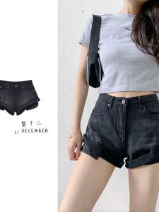 Quần Short Denim Cạp Thấp Cạp Cao Thường Ngày Mùa Hè 2025 Quần Ống Rộng Màu Đen Thời Trang Cho Nữ Quần Bó Chữ a Hở Túi