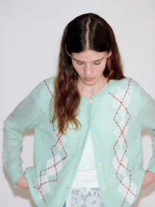 Fano | Áo Cardigan Lông Cừu Mohair Thêu Hình Kim Cương Handcrafted Cổ Tròn Dáng Rộng Mint