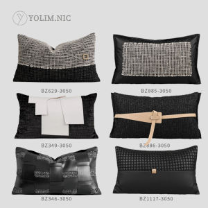 Modern Minimalist Sample Room Sofa Pillow Black Leather Lumbar Support Hotel Homestay Cushion Rectangular Silk Cotton Filled