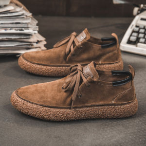 รองเท้าบู๊ตมาร์ตินผู้ชายระบายอากาศได้ดี รองเท้าลำลองแบบสวมหัวกลม พื้นยาง ทรงส้นแบน รองเท้าทำงานสไตล์อังกฤษ