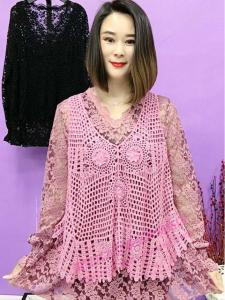 Lace Splicing Knitted Long Sleeve Womens Top Spring Autumn Style V-Neck Loose Fit Slimming Base Shirt Mesh Hook Knitwear