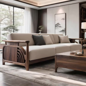 New Modern Black Walnut Wood Sofa Simple Luxury Living Room Furniture Solid Wood Casual Style Home Residential Couch