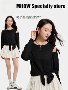 MiiOW | Áo thun tay dài màu đen hở vai hở vai mùa hè cho nữ Áo thun lụa lạnh Áo sơ mi rộng rãi mát mẻ cho máy lạnh
