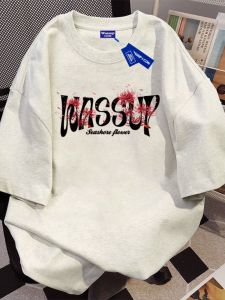 Wassup Icon White Cotton Short Sleeve T-Shirt Mens Loose Fit Summer Style Print round Neck UPF30+ UV Protection Casual Fashion