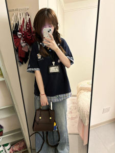 Retro American Cartoon Embroidery Polo Shirt Short Sleeve Loose Womens Summer College Style Versatile Half Sleeve Trendy Top