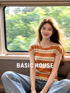 Basic House | Contrast Stripe Round Neck Short Sleeve Fitted Top