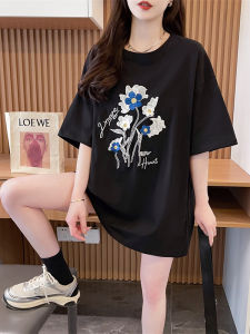 Áo Thun Cotton Tay Ngắn Dáng Rộng Cho Nữ Mùa Hè Cổ Tròn in Hoa Dáng Rộng Thoải Mái Phong Cách Hàn Quốc Dài Vừa Phải