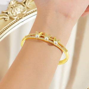SEQUITO Fashion Women Wrist Jewelry Pearl Golden Micro Pave Bling AAAAA Cubic Zirconia Engagement Butterfly Bangle B349