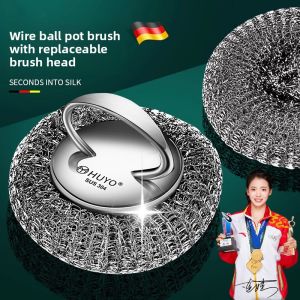 MONLEYTA | Large Long-Handled Wire Brush 304 Stainless Steel Non-Stick Oil Pot Brush For Home Use Kitchen Scouring Ball Pot Cleaner