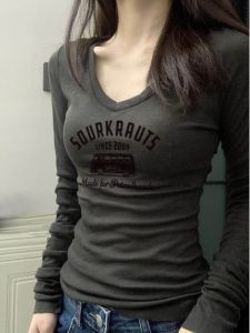 Gray V-Neck Long Sleeve T-Shirt Womens Early Autumn 2025 New Fashion Slim Fit European Style Unique High-End Base Shirt Top