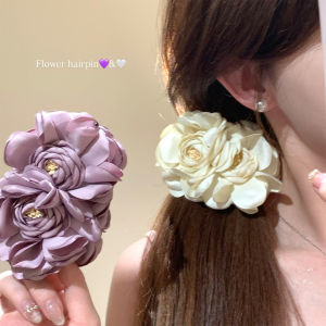 Elegant Tea Rose Banana Clip Hair Accessory Womens Stylish Hairpin Tail Hair Clip Vertical Hair Card Head Flower Hair Ornament