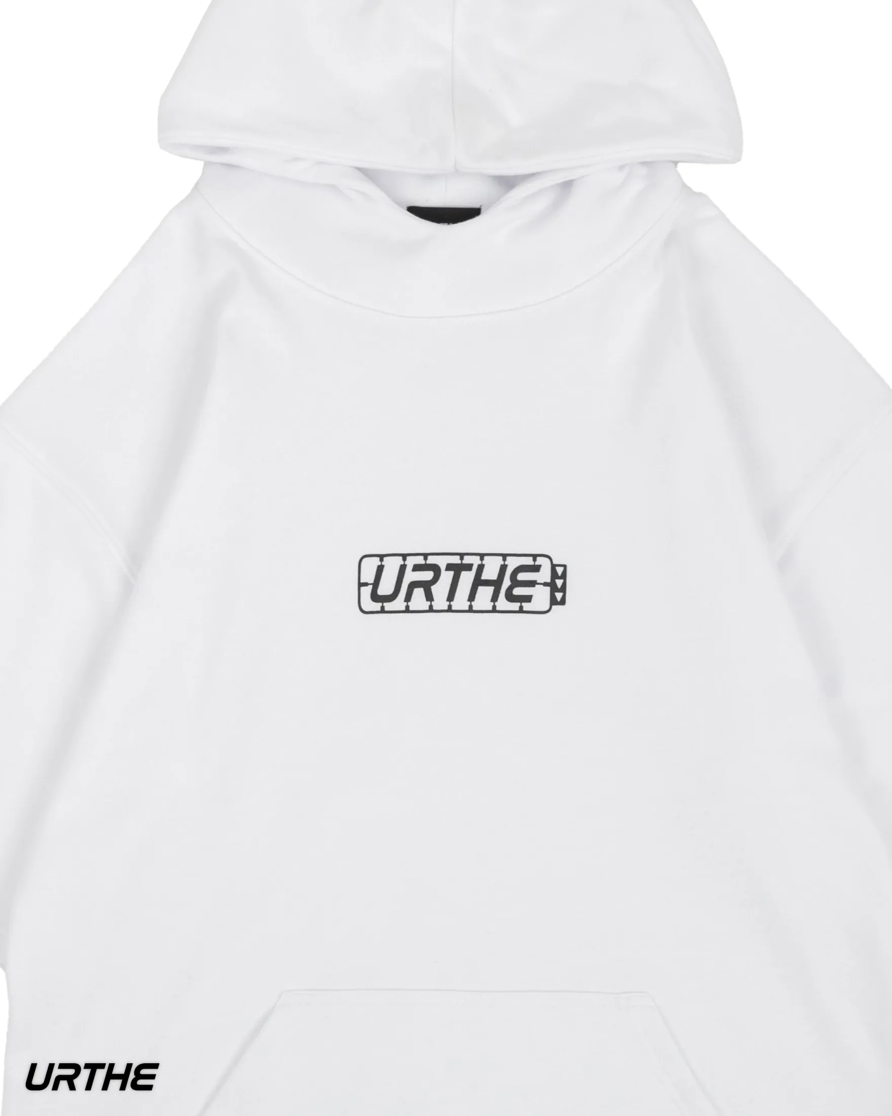 URTHE - เสื้อฮู้ด แขนสั้น OVERSIZE สกรีนลาย รุ่น THE PART HOODIE สีดำ สีขาว สีม่วง สีน้ำตาล